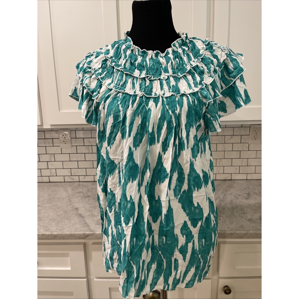 BiBi Top Womens XL Green Ruffled Peasant Shirt Blouse Tunic New with Tags Boho